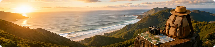 Travel Tips — scenic landscape with hat and backpack