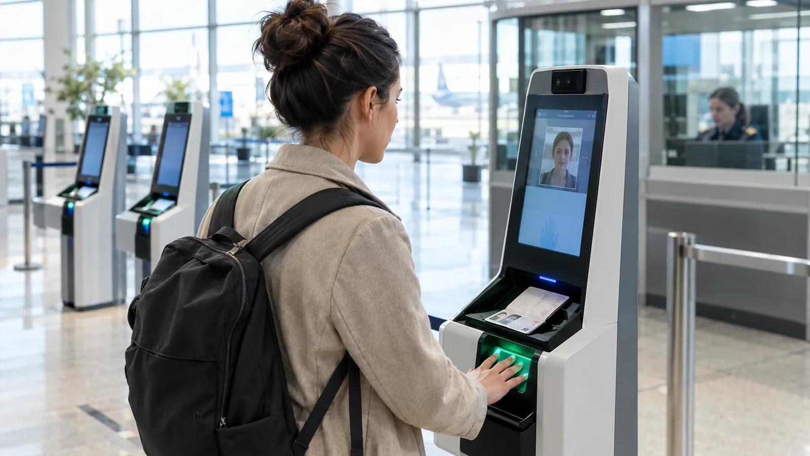 A traveler places four fingers on the fingerprint scanner of a self-service border kiosk at a European airport while a camera captures their face