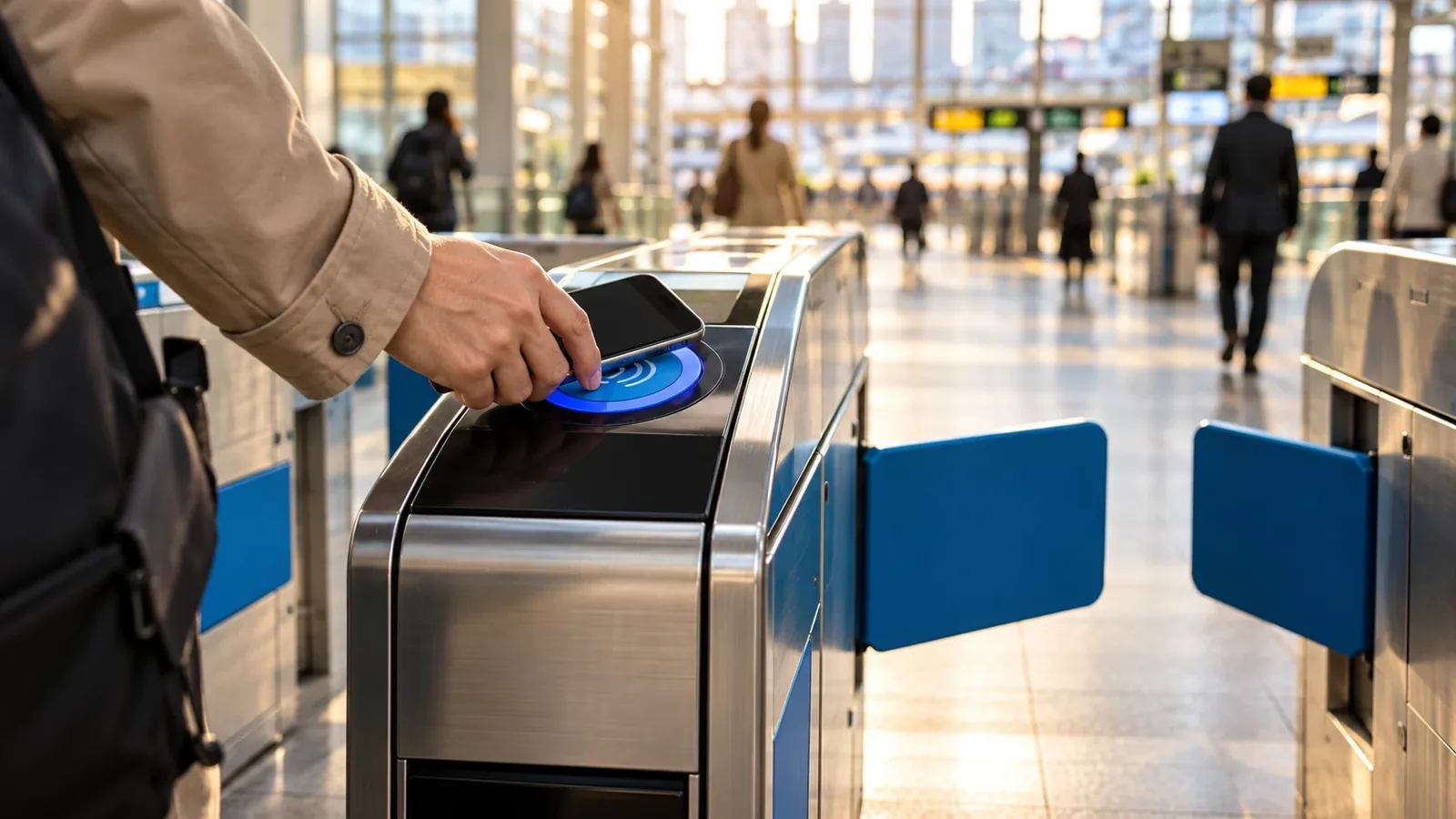 Traveler tapping an iPhone on a ticket gate reader at a Tokyo train station