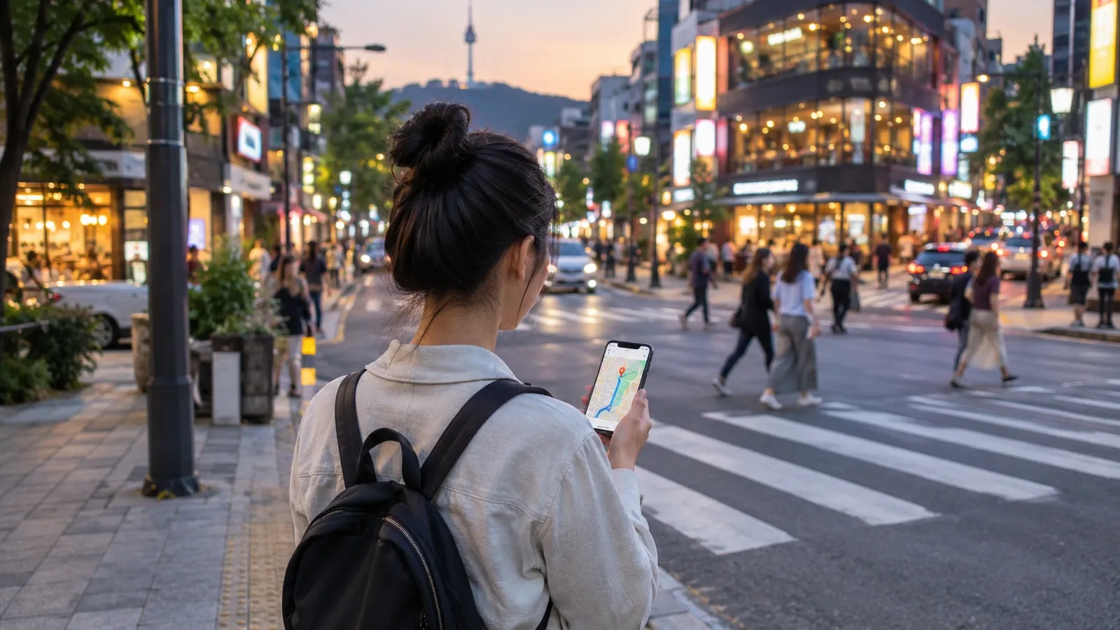 A traveler with a backpack checks a route on a smartphone map at a busy Seoul street corner in the early evening