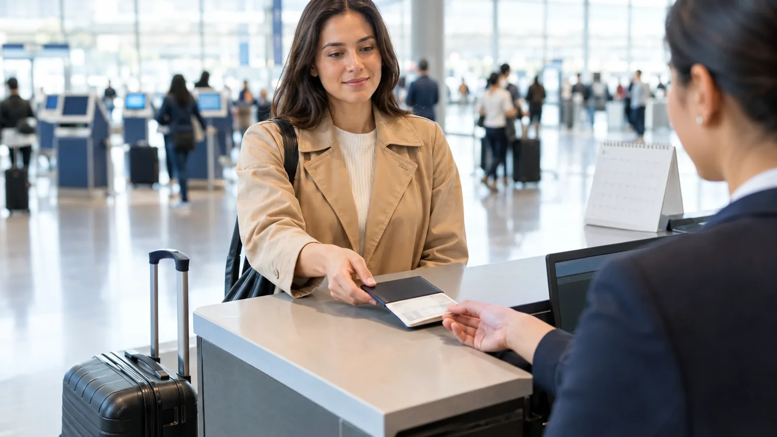 A traveler slides her passport across an airline check-in counter to an agent at a bright international airport, with a desk calendar on the counter