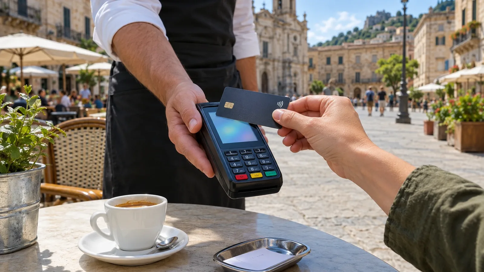 A traveler holds a contactless card over a payment terminal a waiter offers at an outdoor cafe table in a European old-town square