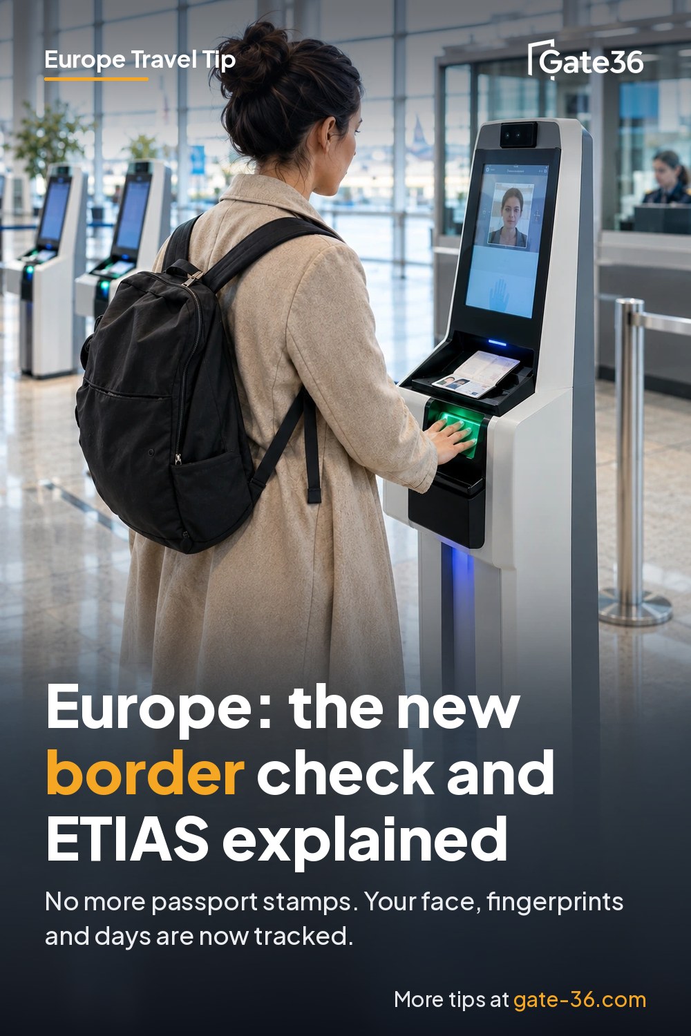 A traveler uses a self-service border kiosk with a fingerprint scanner at a European airport.