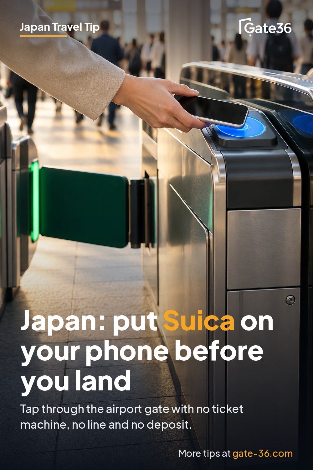 A traveler taps a phone on the blue IC reader of a Tokyo train station gate