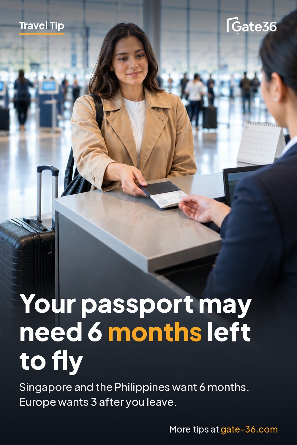 A traveler hands her passport to an agent at an airline check-in counter in a bright airport.