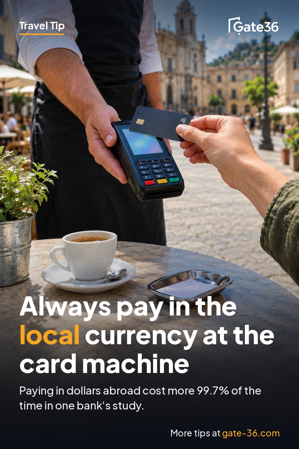 A traveler holds a contactless card over a payment terminal at an outdoor cafe table in a sunny European old-town square.